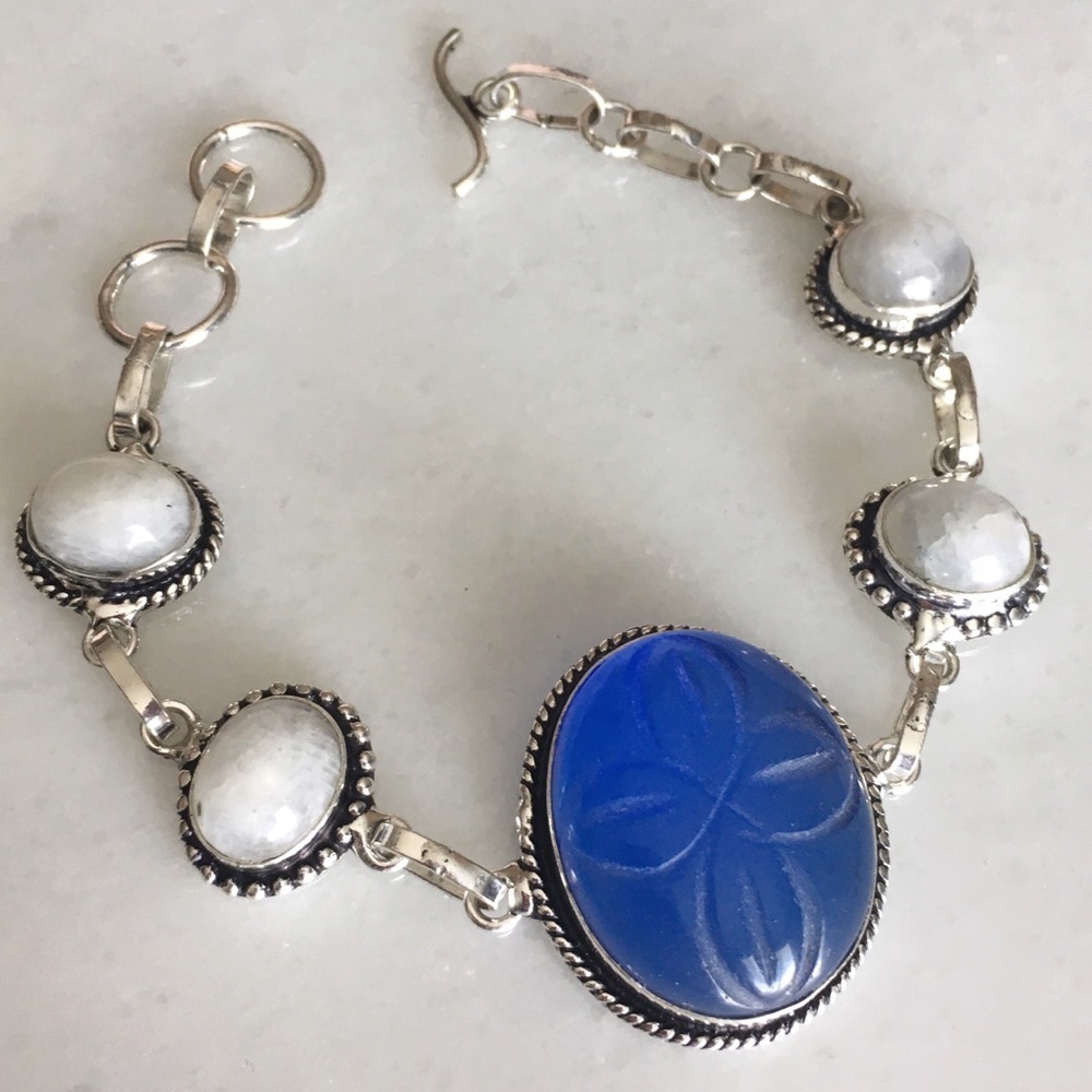 New Moonstone Crystal and Carved Glass Silver Bracelet 7.25 , 7.75,  8